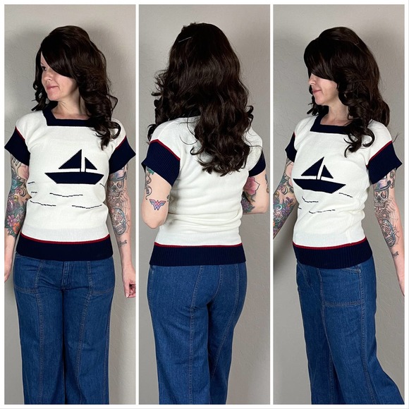Vintage 1950s Square Neck Nautical Sweater with Sailboat Graphic - Picture 3 of 7